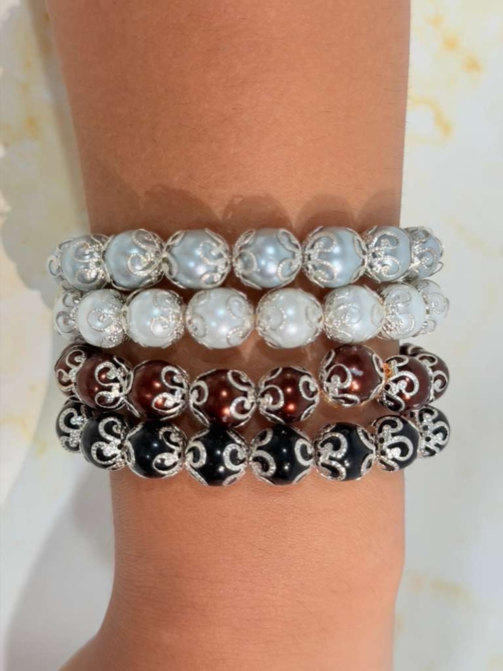 4 Elegant Pearl Stackable Bracelets - White, Light Grey, Brown, Black- BUNDLE